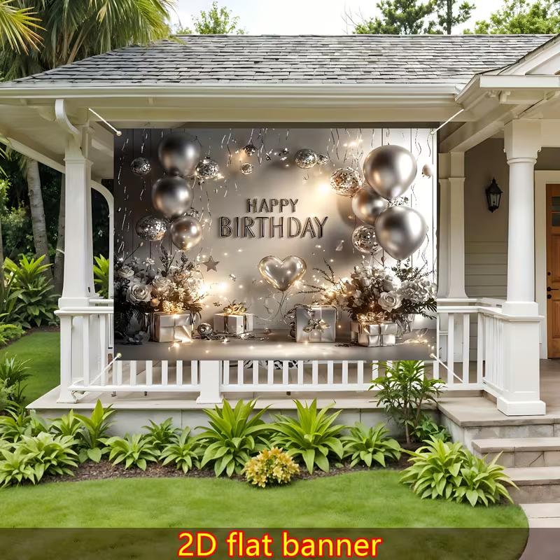 2D Silver Happy Birthday Backdrop, Metallic Balloon Floral Party Photography Background