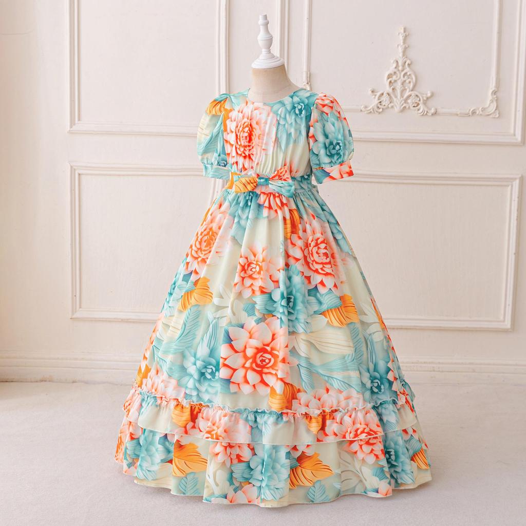 Orientalisches Puffärmel-Blumen-Prinzessinnenkleid für Abende