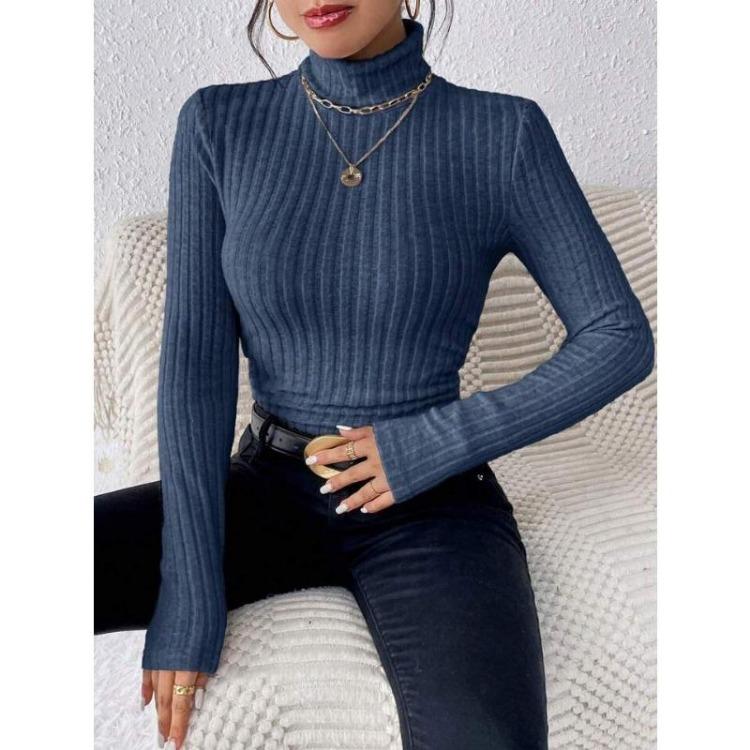 Elegant High Neck Slim Sweater for Women Long Sleeve Solid Color Autumn Winter Clothing