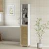 Bathroom column, bathroom storage unit with bamboo slatted door and open compartments, white