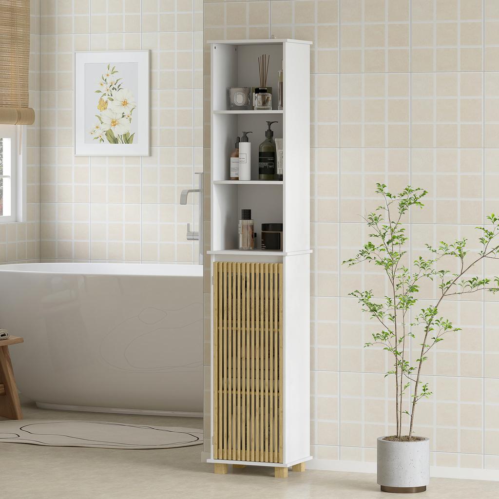 Bathroom column, bathroom storage unit with bamboo slatted door and open compartments, white