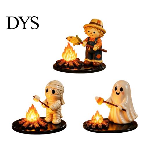 Collectible Fall Atmosphere Sculpture Halloween Campfire Tealight Holder, Matte Resin Ghost Mummy Scarecrow Figurine, Stable Night Light Round