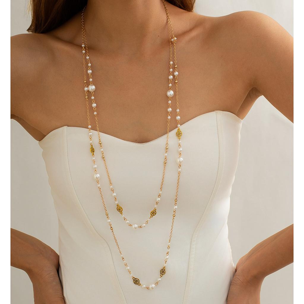 Temperament Imitation Pearl Stacked Long Necklace Female, Retro Ethnic Wind Star-Shaped Fringed Sweater Chain