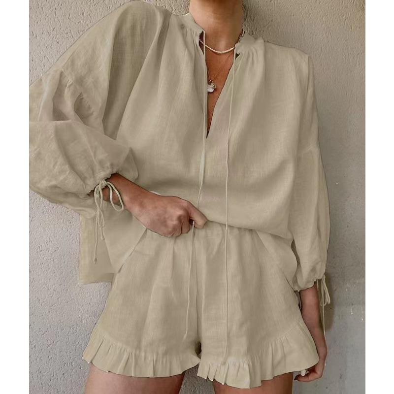 Kadın Yaz Seksi Bağcıklı Yüksek Bel Moda Düz Renk Bol V Yaka Fener Kol Şort İki Parça Takım