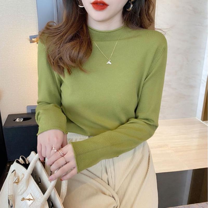 Høst Tynn Underdel Ensfarget Basis Pullover Genser for Kvinner Vinter Langermet Halvhøy Hals Strikkede Gensere Damer Elegant Casual Strikkeplagg 24843