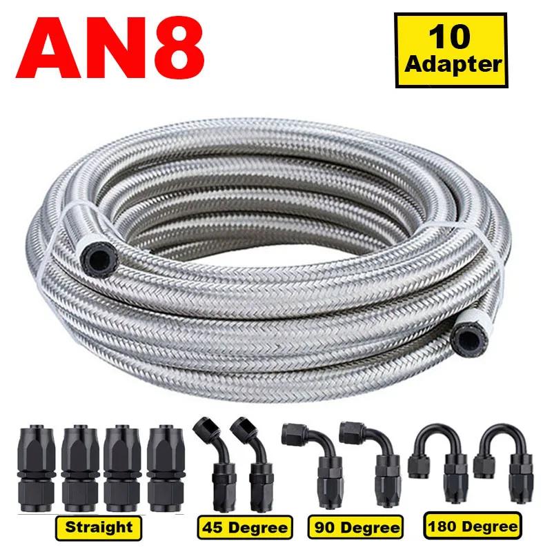 10FT 3M AN6 AN8 Car Fuel Hose Oil Gas Cooler Hose Line Pipe Tube Stainless Steel Braided Inside CPE Rubber + 10 End Adapters