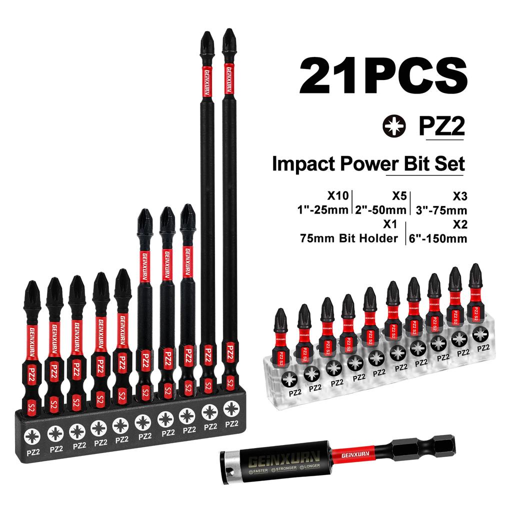 Pozidriv #2 PZ2 Impact Tough Screwdriver Power Bit Set, S2 Alloy Steel Bit with Storage Organizer