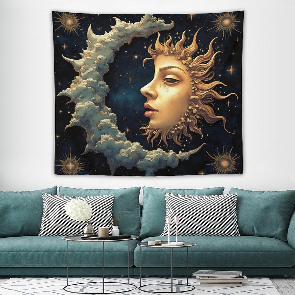 Sun and Moon Tapestry Psychedelic Mystical Floral Tapestry Hippie Bohemian Floral Plant Wall Hanging Vintage Aesthetic Tapestry