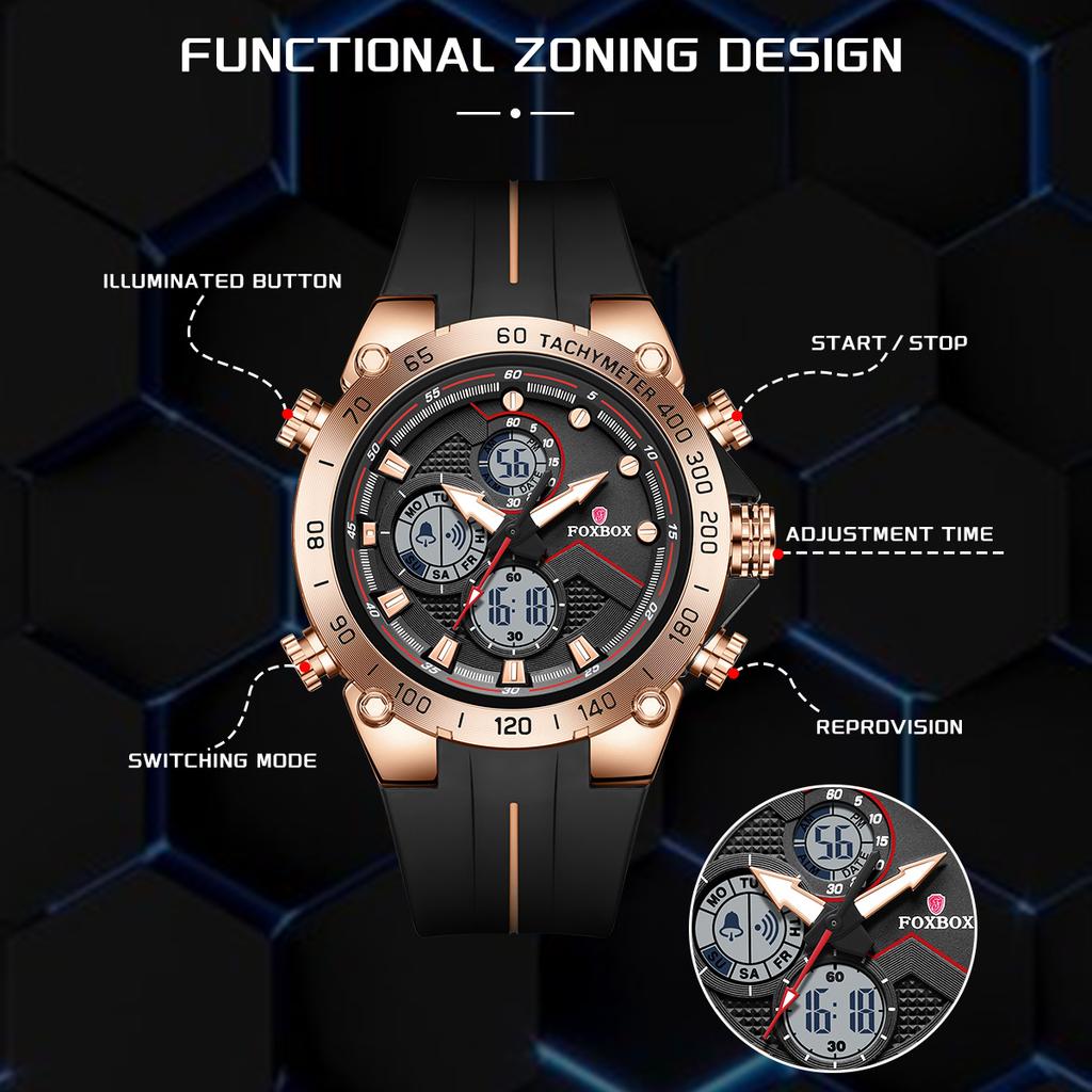 FOXBOX New Mens Watches Luxury Brand Big Dial Watch Men Waterproof Quartz Wristwatch Sports Chronograph Clock Relogio Masculino