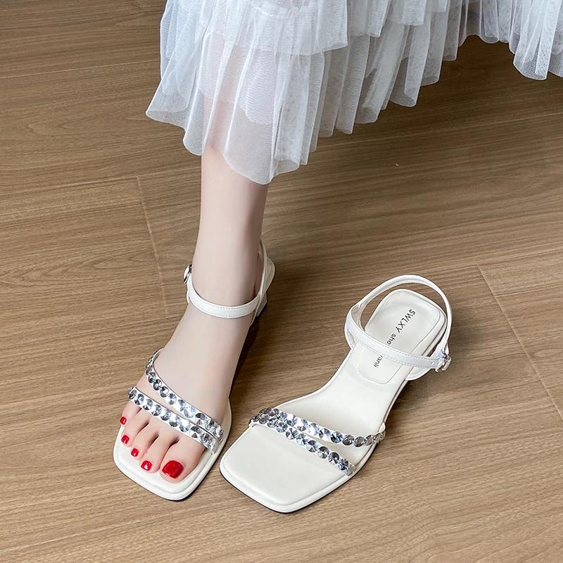 Fashion 2025 New Shiny Crystal Slippers Women's Luxury Rhinestone Mid Heel Sandals  Strange Heel Lace Up Summer