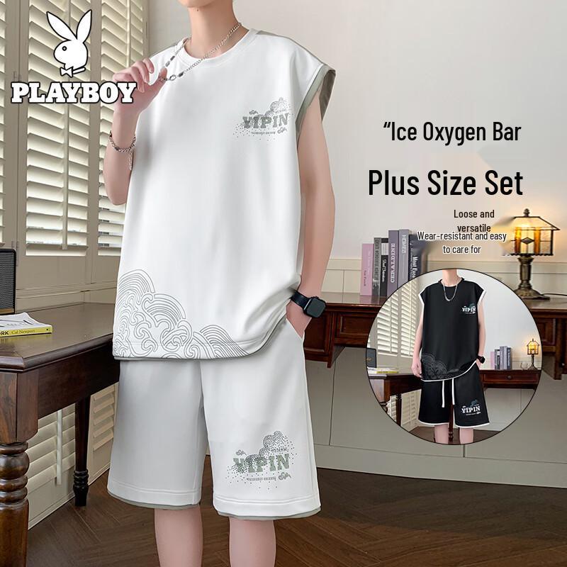 PLAYBOY Men s Ice Silk Sleeveless T-shirt & Shorts Set XL