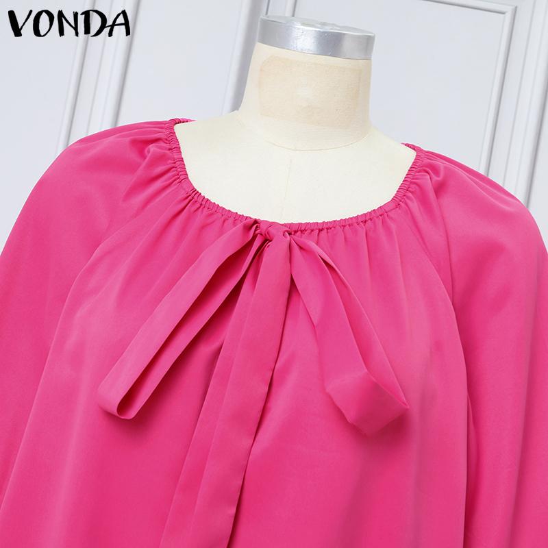 VONDA Women's Puff 3/4 Sleeve Sleeve Bow Knot Solid Color Loose Midi Dress