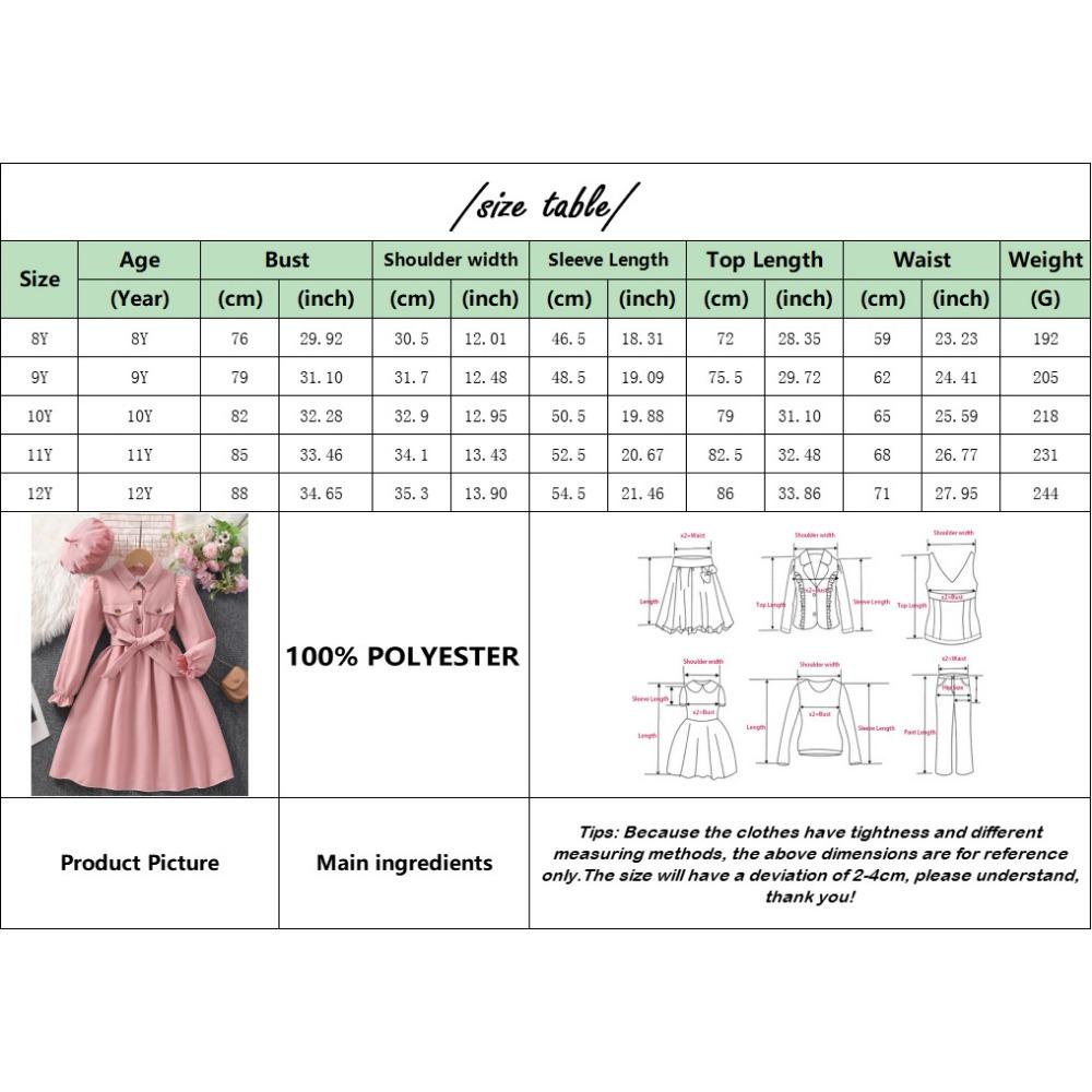 Girls' Long-Sleeved Long Dress 8-12 Years Autumn/Winter Long Dress with Collar Solid Colour Includes Belt and Hat