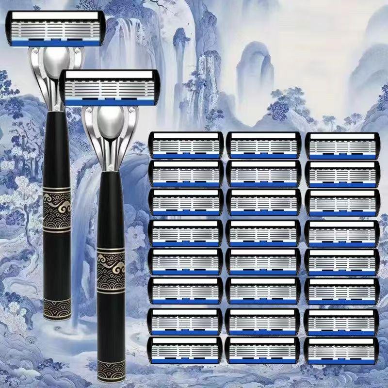 German Precision 6-Blade Men's Manual Razor - Anti-Scratch, Old-Fashioned Design