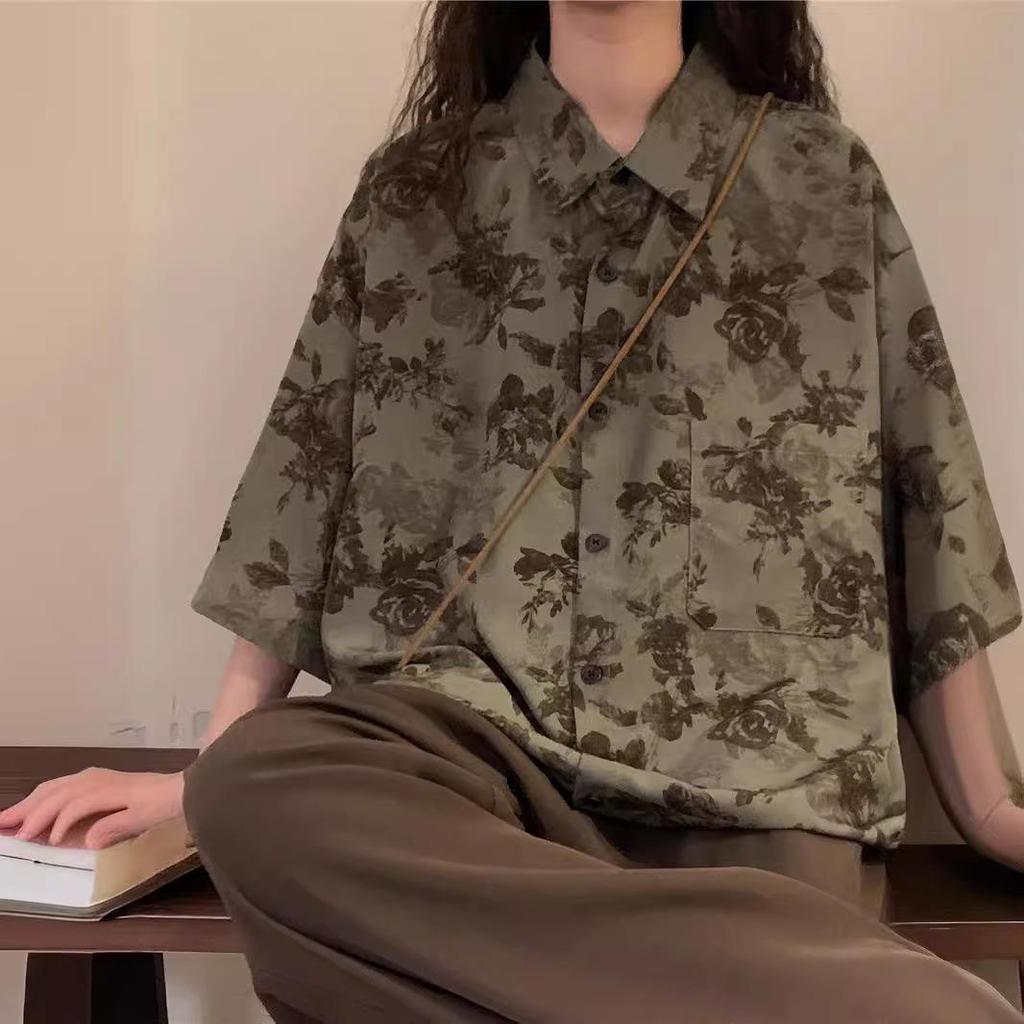 Vintage Japanese Retro Hong Kong Style Floral Short-Sleeve Shirt - Unisex Loose Casual Design