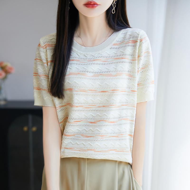 Women Knit T-shirt Summer Knitted Shirt Short Sleeve Tees O-neck Pullover Knit Tops Female
