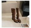 Women's Cowhide Retro Thick-Soled Over-the-Knee Western Boots with Two-Way Belt Buckle and Stacked Heels