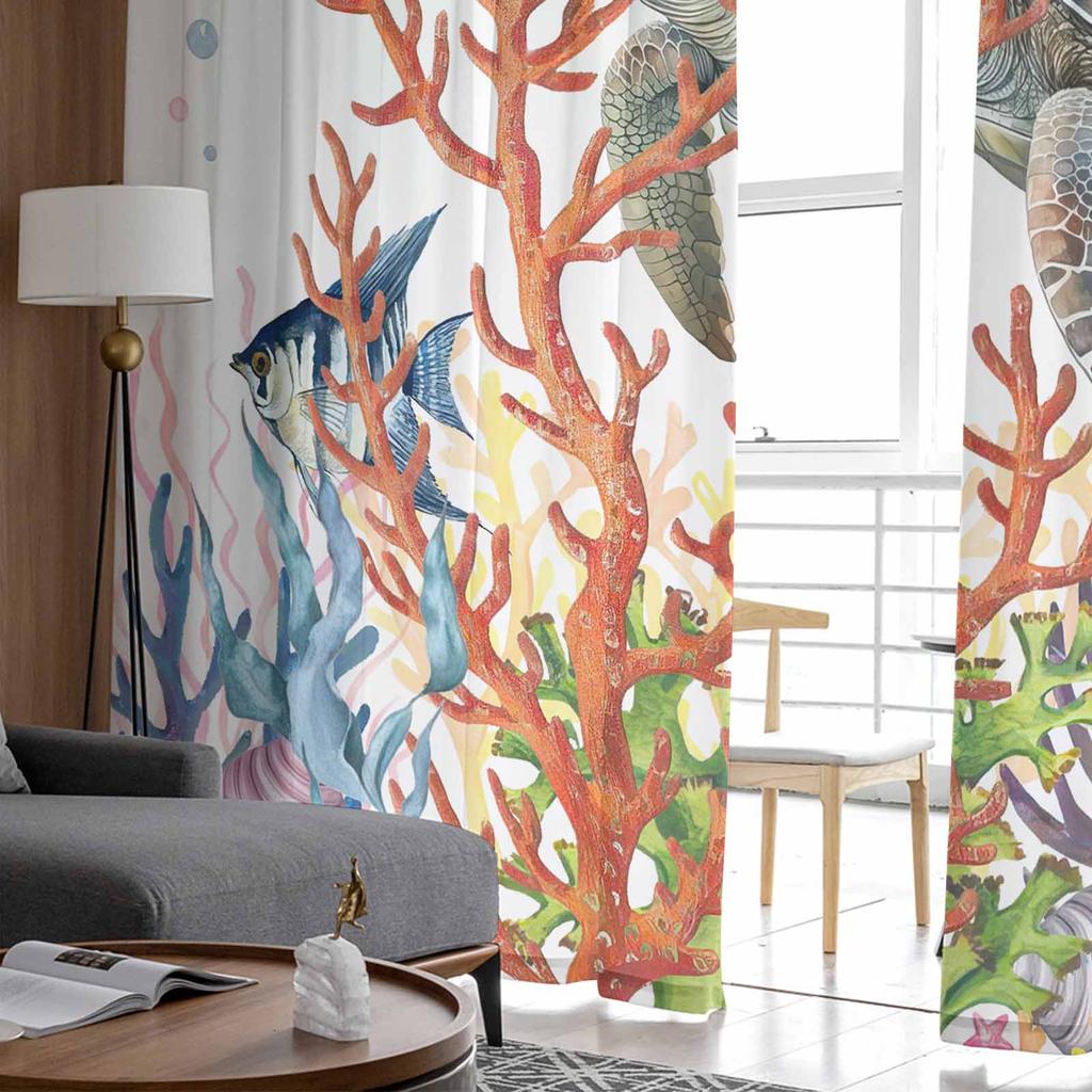 Turtle Coral Fish Starfish Crab Tulle Window Curtains for Bedroom Luxury Home Decor Drapes In Living Room Chiffon Panels