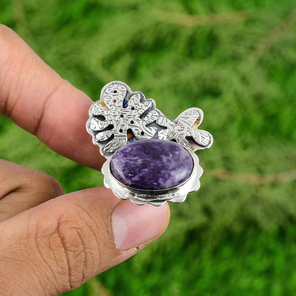 Natural Lepidolite Gemstone Stackable Purple Adjustable Ring 925 Sterling Silver