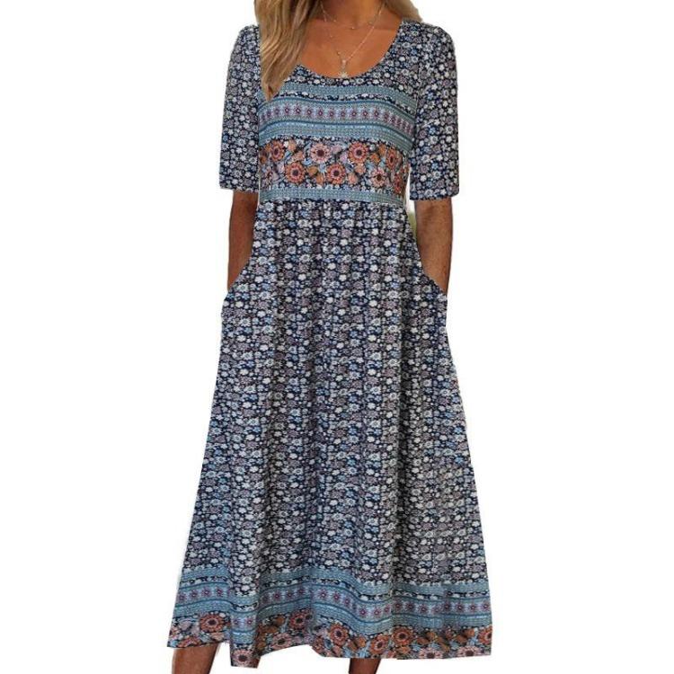 New Women's Bohemian Print Summer Dress Retro Round Neck Short Sleeve Long Skirt Cool Dress