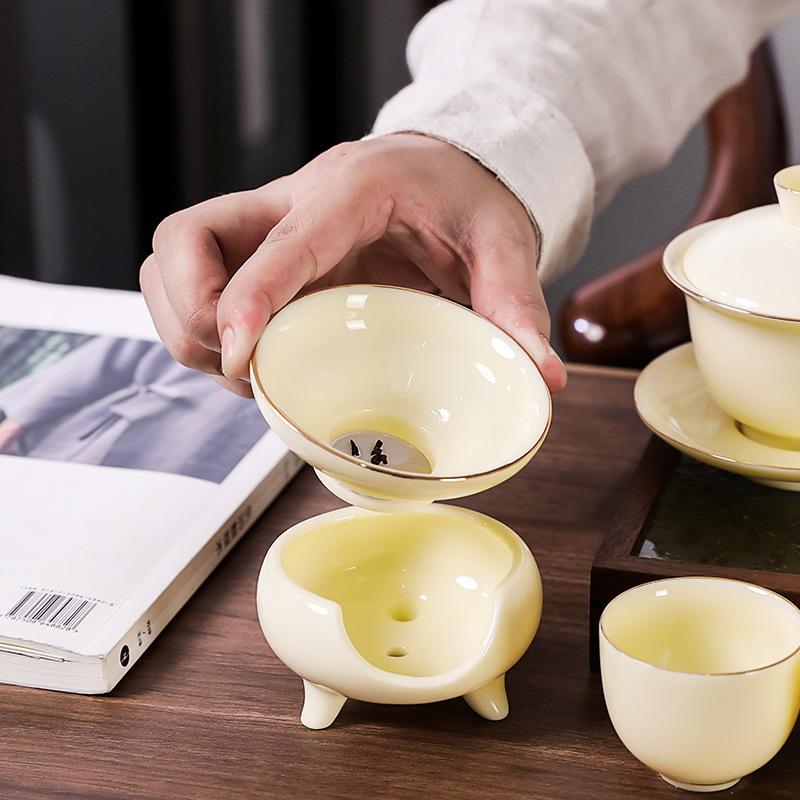 High-end ceramic yellow gemstone mutton fat jade Kung Fu tea set tea set tea cup business enterprise bank corporate gift