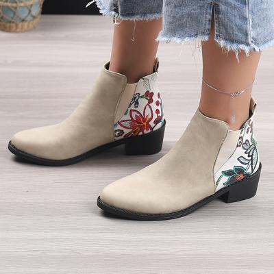 Retro Mid Heels Spitzschuh Lässige Stiefeletten Herbst Blumengemusterte Patchwork Stiefel Botas Mujer Booties Feminina Damenschuhe