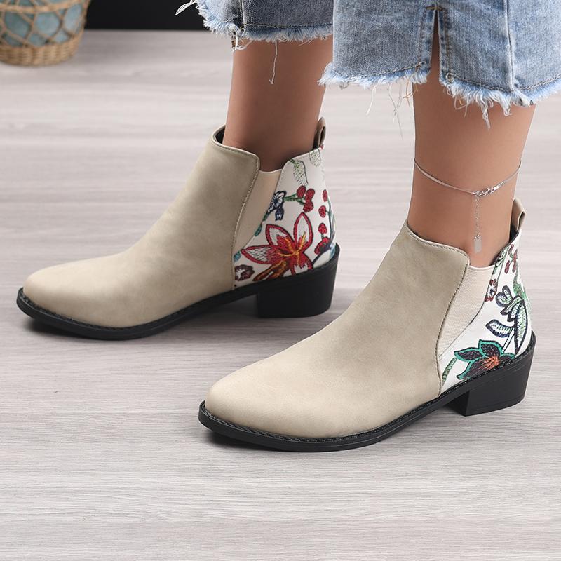 Retro Mid Heels Pointed Toe Casual Ankle Boots Autumn Flower Patterned Patchwork Boots Botas Mujer Booties Feminina Women Shoes