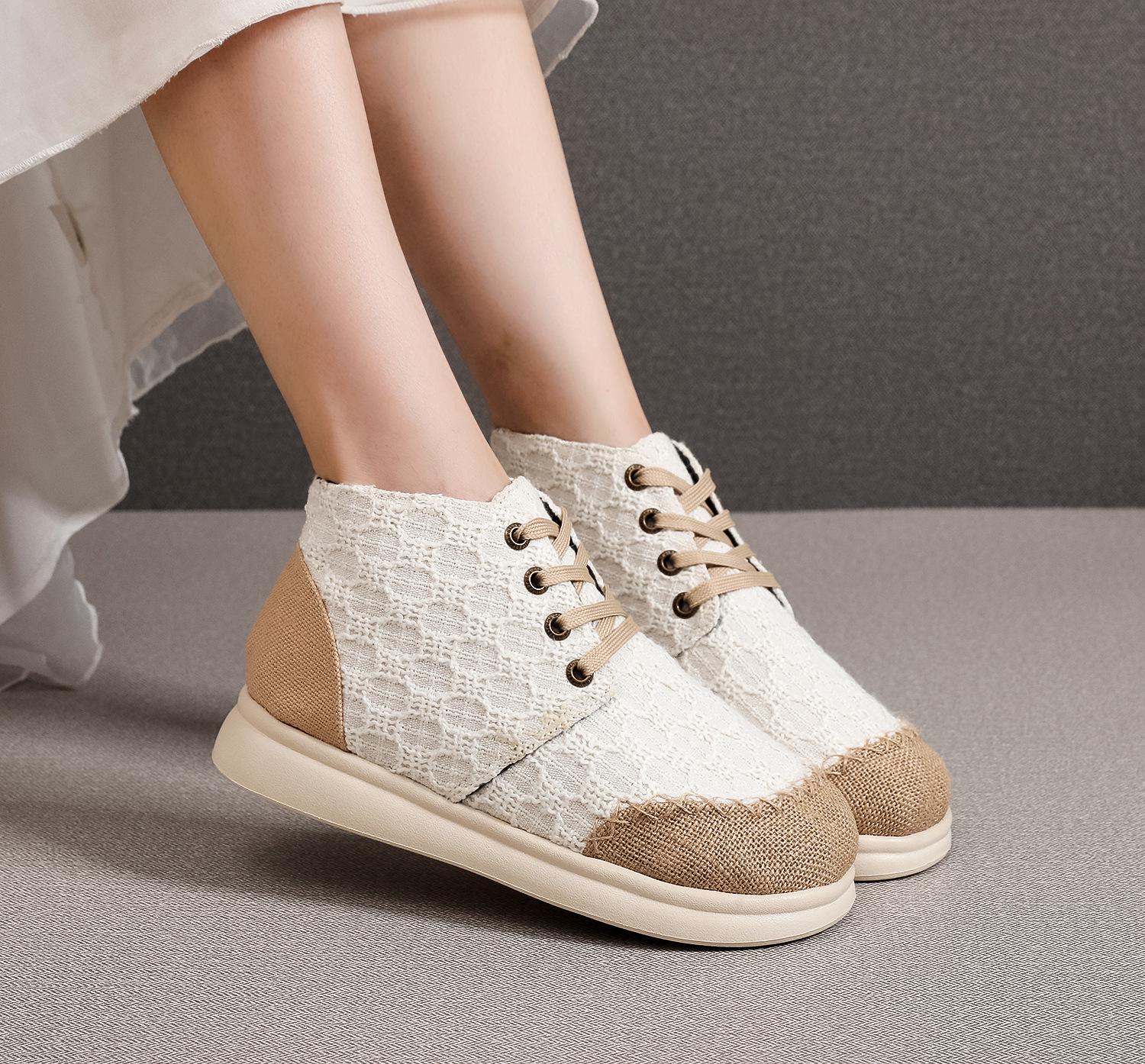 

2025 Autumn/Winter Women s Retro Ethnic Embroidered High-Top Ankle Boots, Sporty Linen Cloth Shoes Size 37