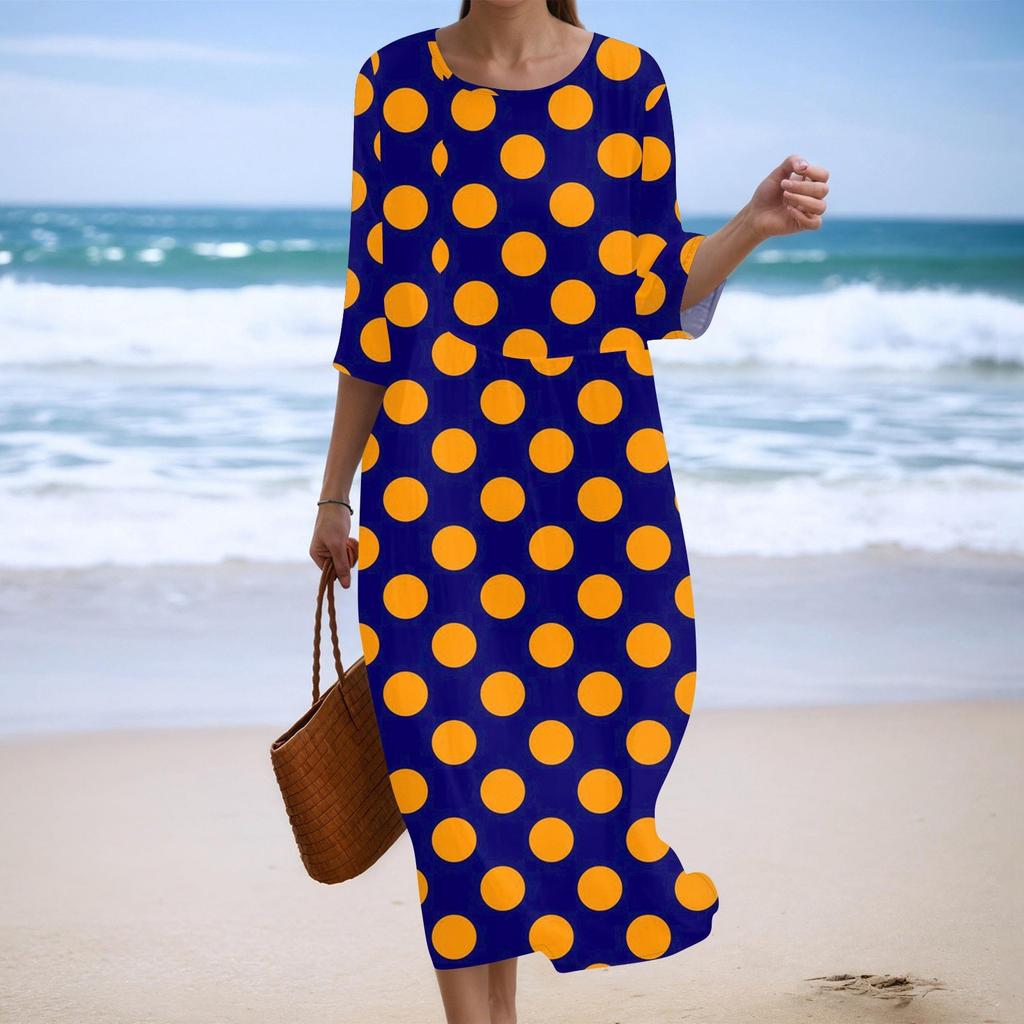 Damen Modisches Bedrucktes Rundhals Siebenviertelärmel Lockeres Kleid