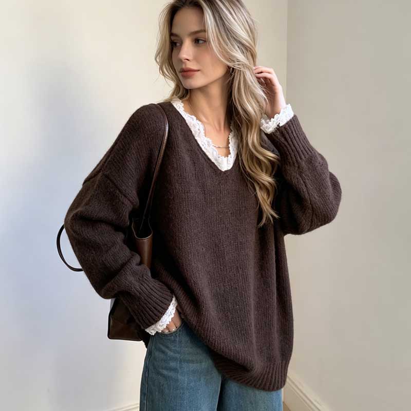 Eleganter Spitzen-Patchwork-Pullover, Neuer Koreanischer Modetrend, Pullover, Süße Oberteile, Damen Strickwaren, Lässige Herbst- und Winter-V-Ausschnitt-Langpullover, Einfarbige Kleidung