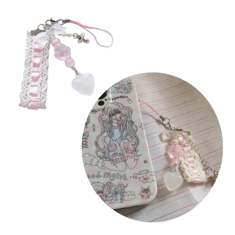 Dainty Lace Ribbon Keyring Cute Heart Pendant Keychain Colorful Beaded Phone Lanyard Multi-Functional Bags Accessories