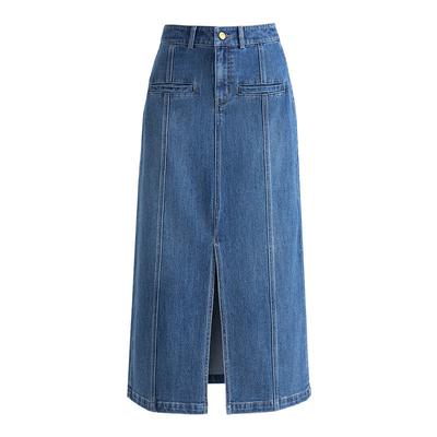 Jupe en jean de coton style tennis pour femme au printemps et en été Nouvelle jupe droite mi-longue amincissante taille haute avec fente sur le devant