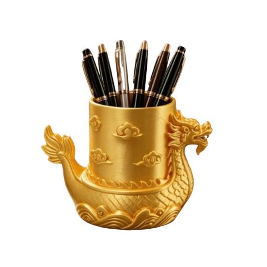 3D Printed Golden Dragon Holder Chinese Boat Pen Traditional