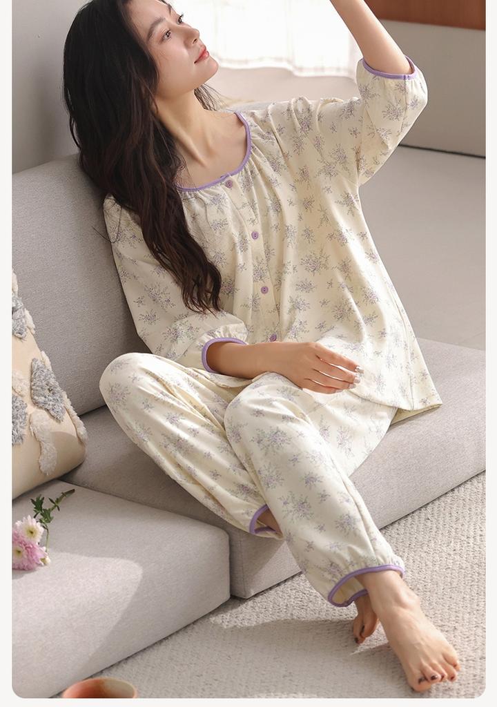 Women's Cotton Pajama Set - Seven Quarter Sleeve Casual Forest Style