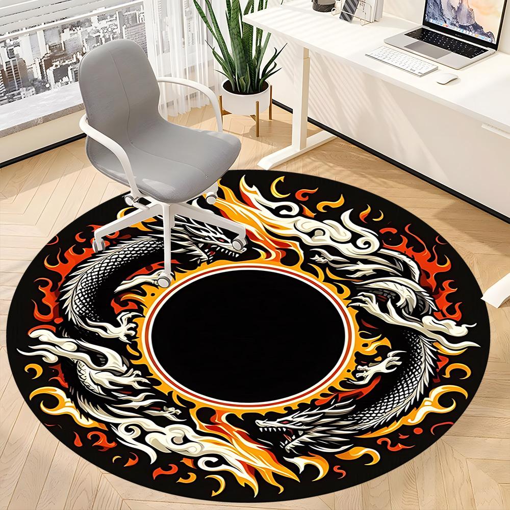 1PC Dragon Flame Circle Office Round Rug, Non Slip, Soft and Durable Office Rug for Interior Decoration, Perfect for Office