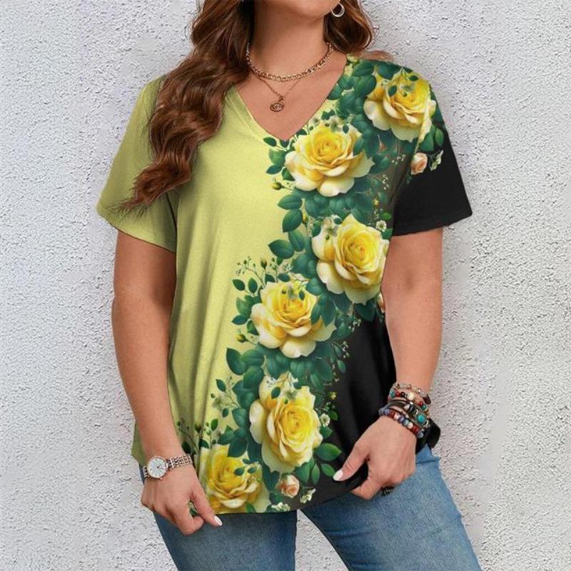 

Красочные цветочные принтованные женские футболки футболка с короткими рукавами и V-образным вырезом свободный повседневный топ летняя уличная одежда 2024 новинка XL