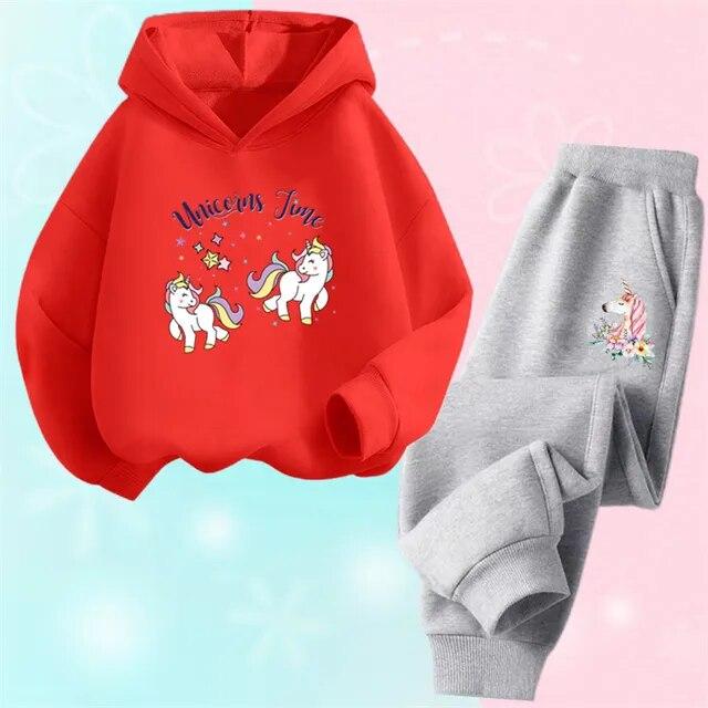 Spring Fall Girls Unicorn Sport Clothing Set Kids Outfits Hoody Sweatershirt Pants Children Fashion Thin Tracksuit