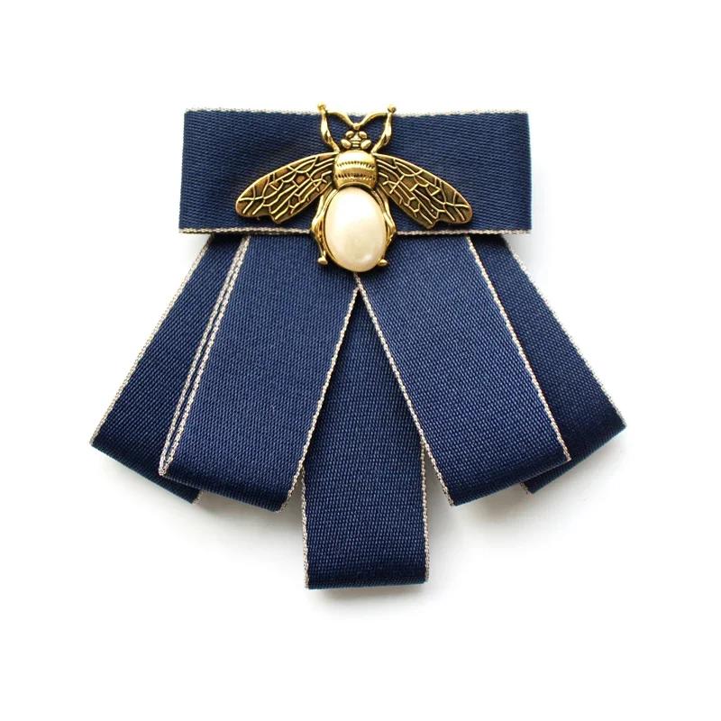 

Korean Fabric Bow Tie Brooches Women Suit Shirt Collar Pearl Crystal Beee Lapel Pins Casual British Style Neckties Men s Jewelry