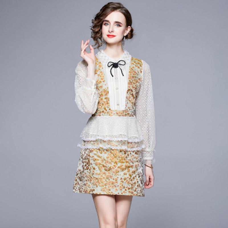 

Женщины Марка Женщины Роскошный Дизайнер Подиум 2 Шт. Набор Весна Лето Мода Лук Лоскутное Кружева Блузка Топ + Жаккардовая Мини-Юбка Костюм Женские Наряды