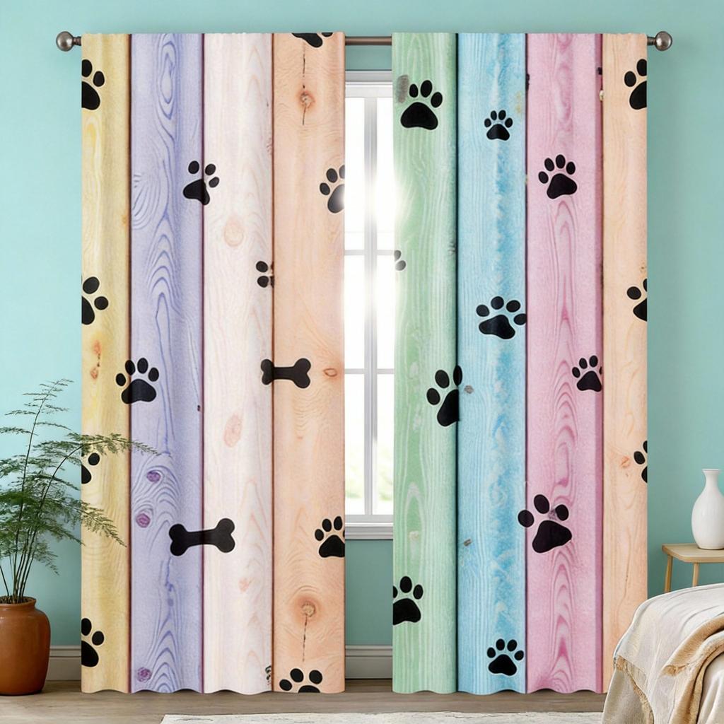 Rainbow Wood Curtains 2pcs – Dog Paw Prints on Pastel Planks, Whimsical Window Decor for Pet Lovers and Children’s Rooms