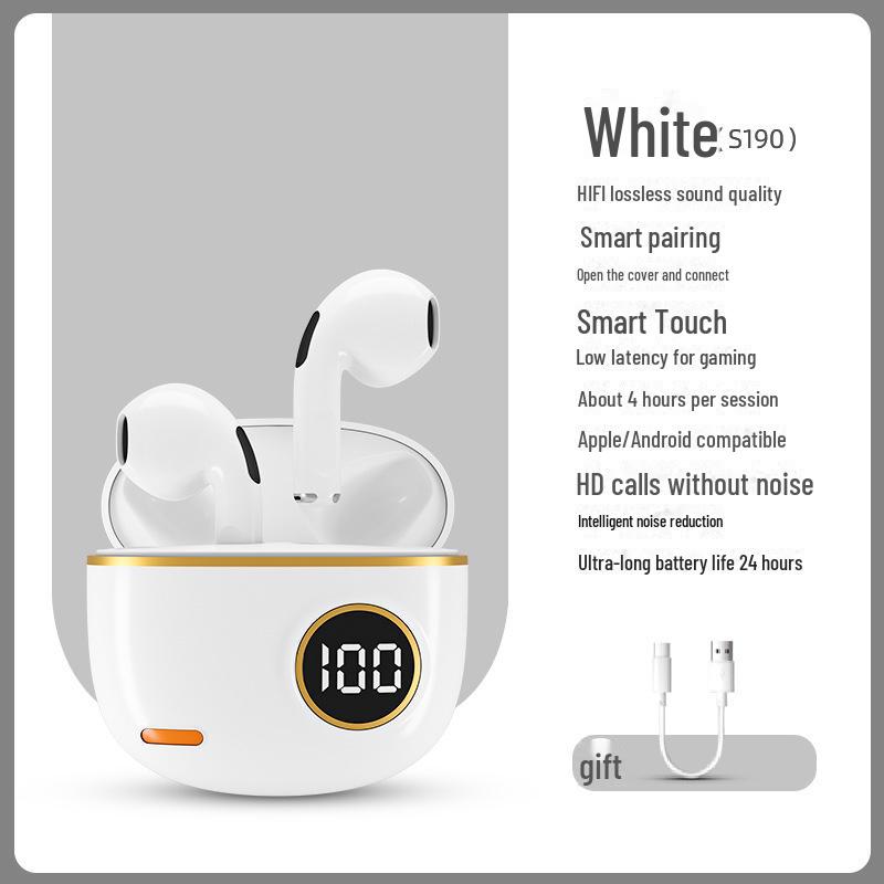 

Беспроводная Bluetooth-гарнитура TWS S190: Мини-цифровой дисплей, высокая мощность, шумоподавление, универсальные спортивные наушники белый