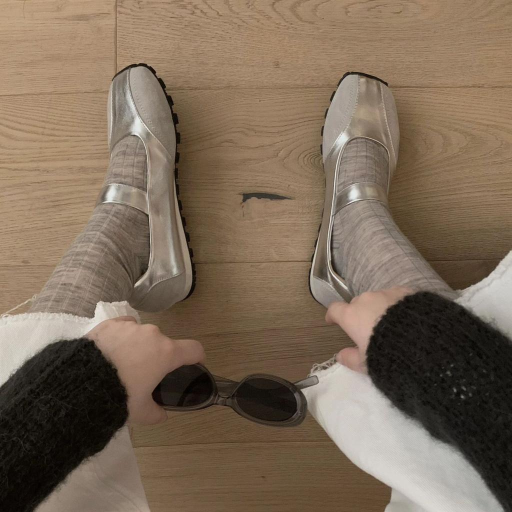 Sheepskin version~ Korean version of spring new leather silver light mouth with single shoes women's square head thick sole Mary Jane women's shoes