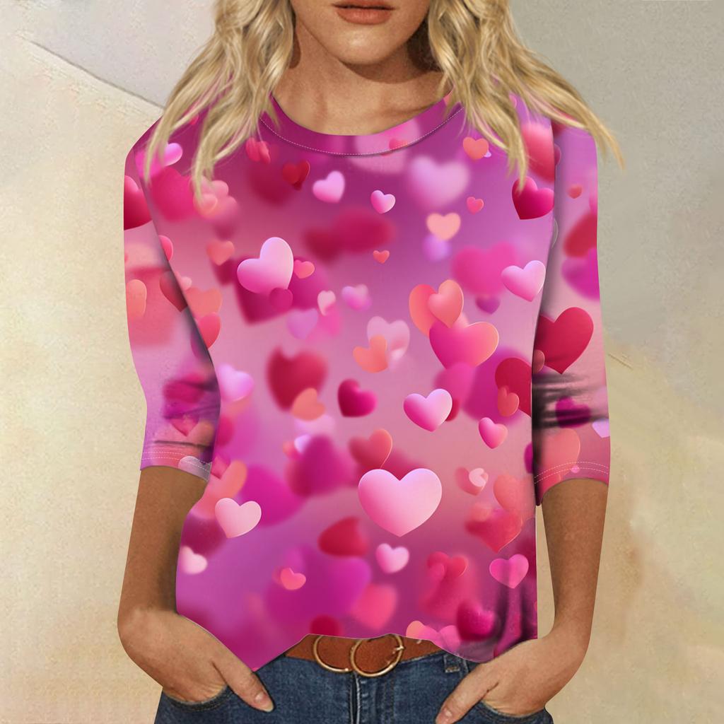 Damen Modisches Lässiges Dreiviertelarm Valentinstag-Druck Rundhals Pullover-Oberteil