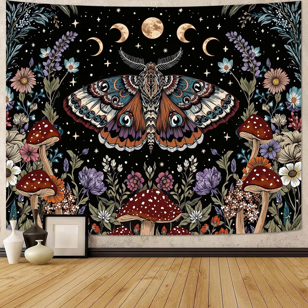 Hippie Witchy Moth Tapestry, Moon Mushroom Aesthetic Floral Wall Art, Mystic Moon Phase Decor For Living Room Bedroom Home