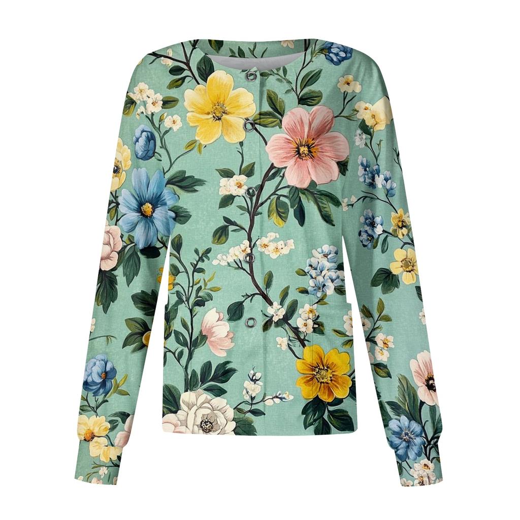 Women Casual Long Sleeve Single Breasted Floral Print Cardigan Button Down Top for Work or Everyday Wear Lightweight Layering Shirt
