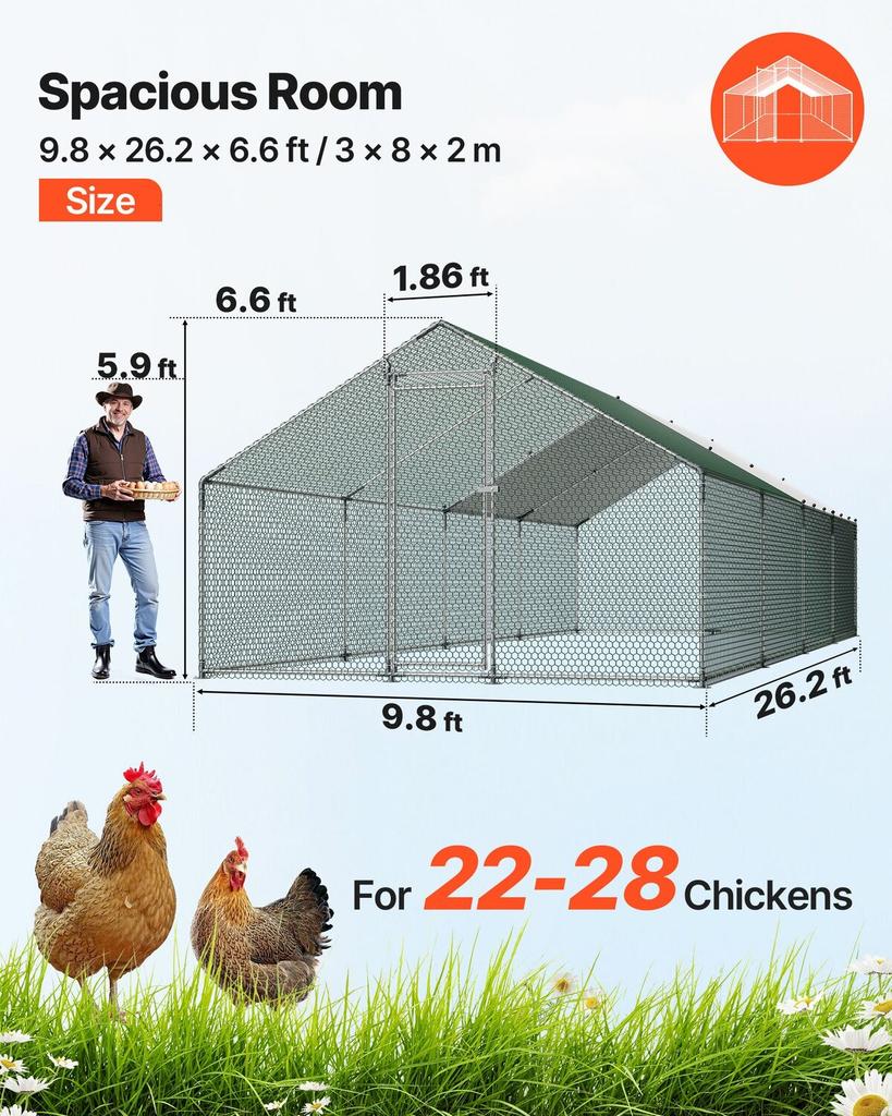 Metal Chicken Coop, 9.8x26.2x6.5 Ft Large Walk-in Chicken Runs with Cover, Spire Roof Hen House Enclosure with Security Lock, Outdoor Duck Rabbit Cage