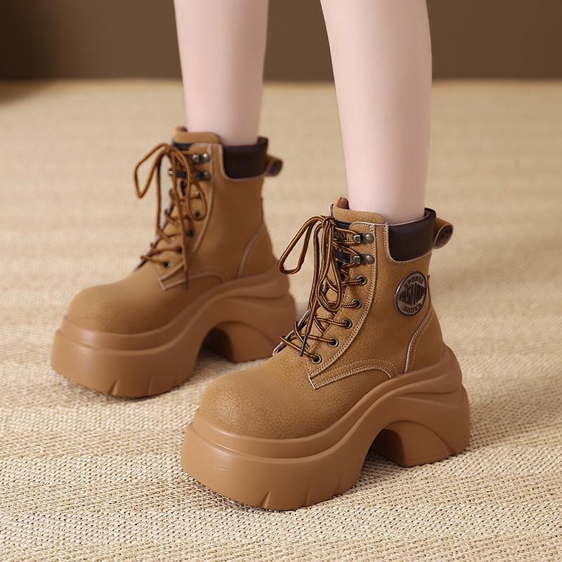 Mode Damen Neue Herbst Winter Leder Stiefeletten 9CM Klobige Absätze Motorradstiefel Frau Dicke Sohle Hohe Plateau Kurze Stiefeletten