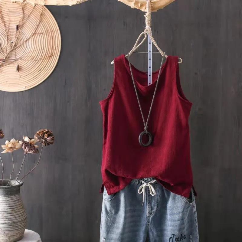 Spring/Summer Women's Knitted Tank Top Solid Color Artistic Retro Loose Cotton and Hemp Bottom Shirt Strap Top
