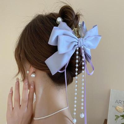 Fashion French Pearl Bow Long Tassel Hair Claws Women Back Head Hair Clip Headwear Hair Accessories Gifts