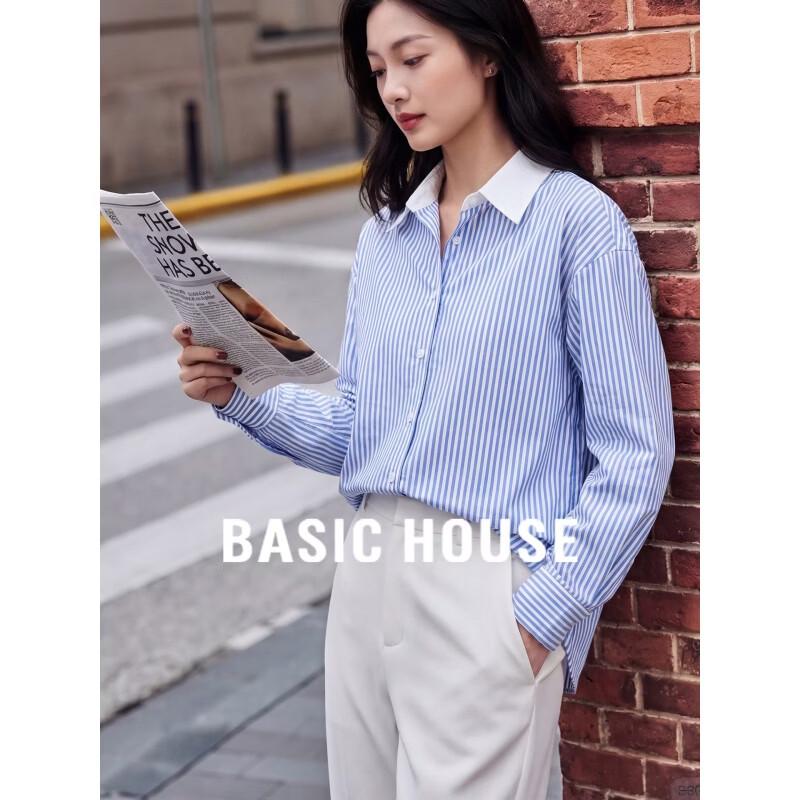 Basic House Women s Blue Striped Cotton Long Sleeve Shirt S